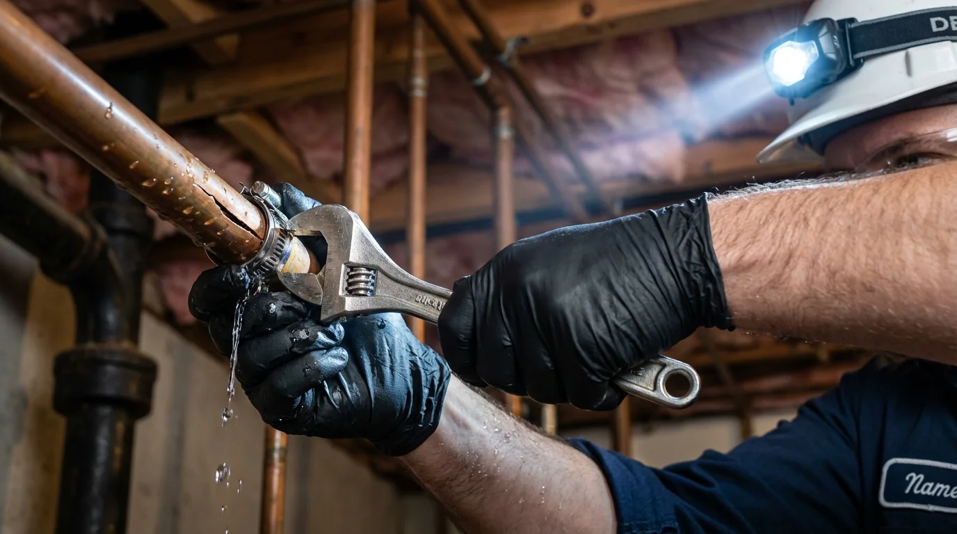 Emergency pipe clamp repair being performed by a Johns Plumbing LLC plumber in Richfield